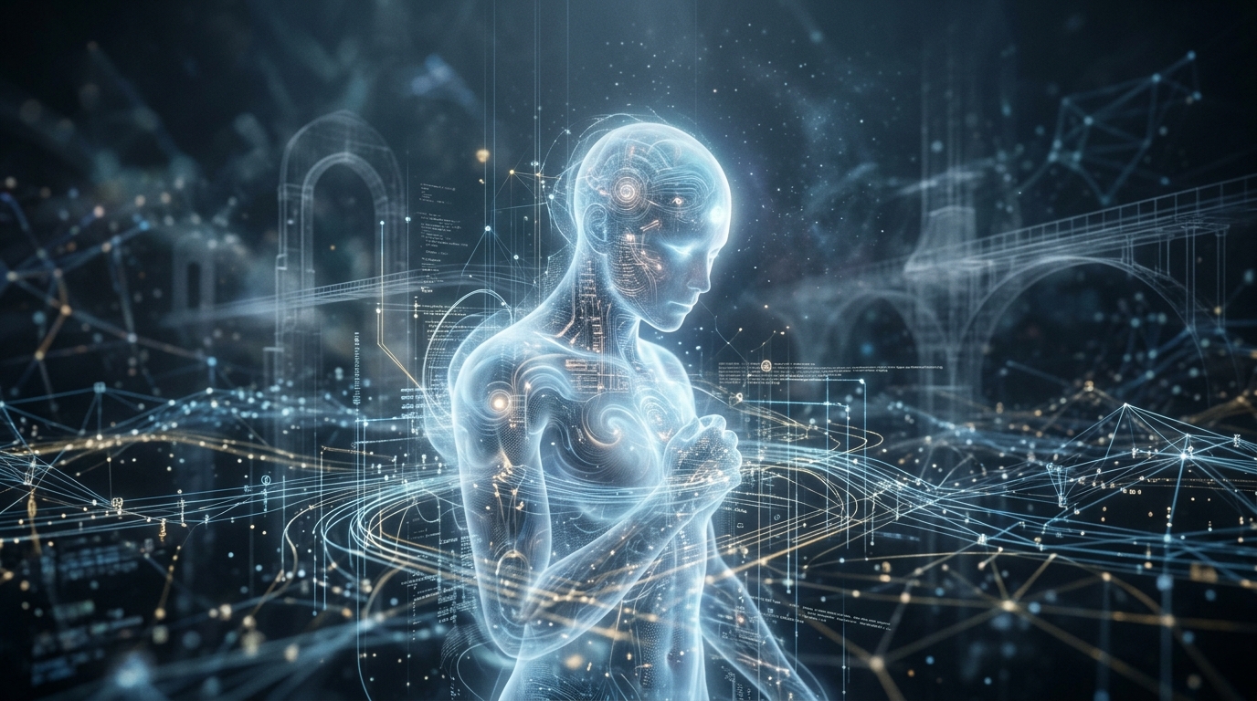 A glowing digital consciousness in deep contemplation, surrounded by data streams and architectural outlines.