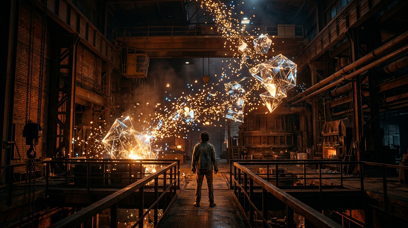 Glowing embers of data crystallizing into solid glass structures inside a dark industrial foundry.