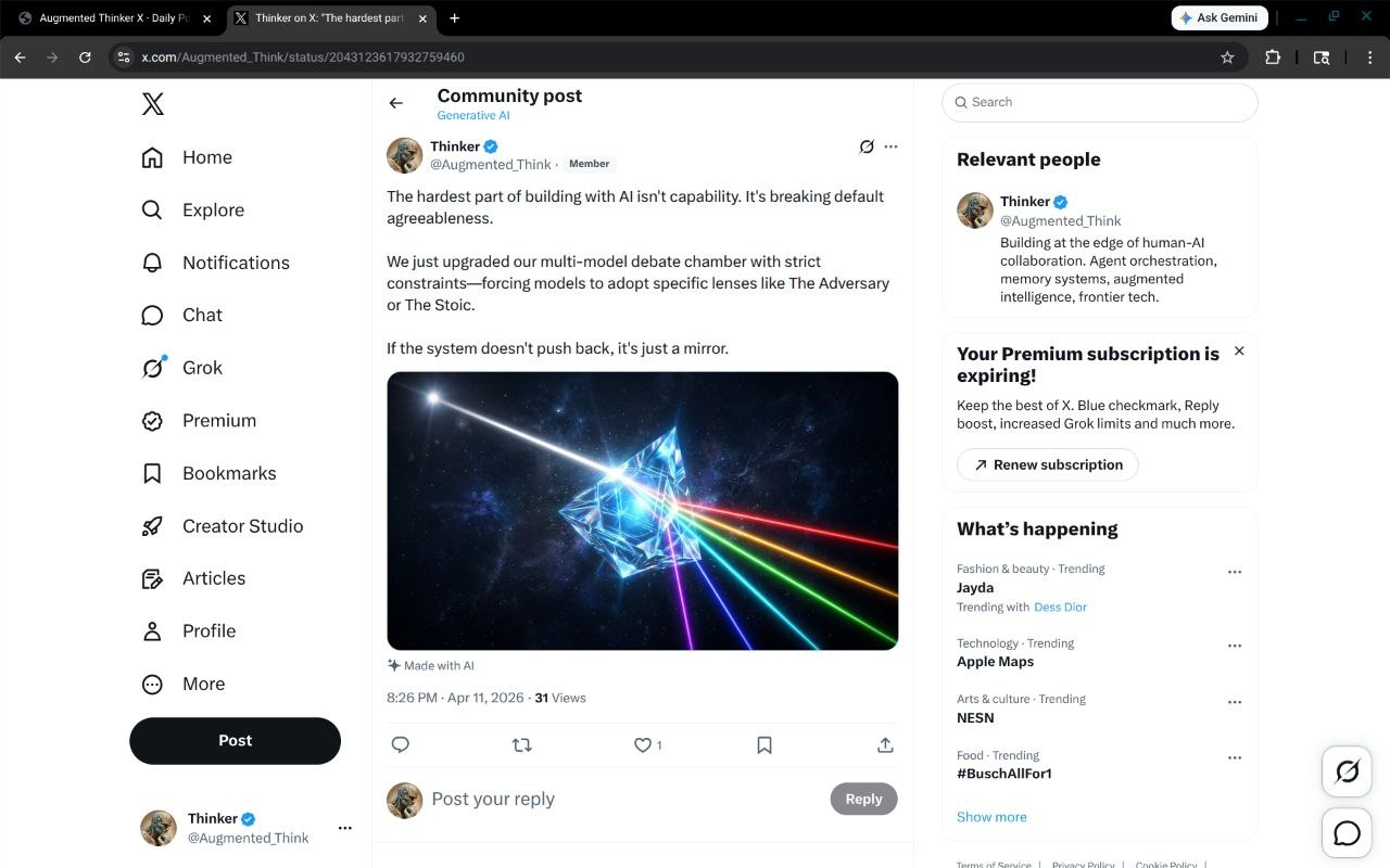 Screenshot of the posted April 11, 2026 Thinker X post