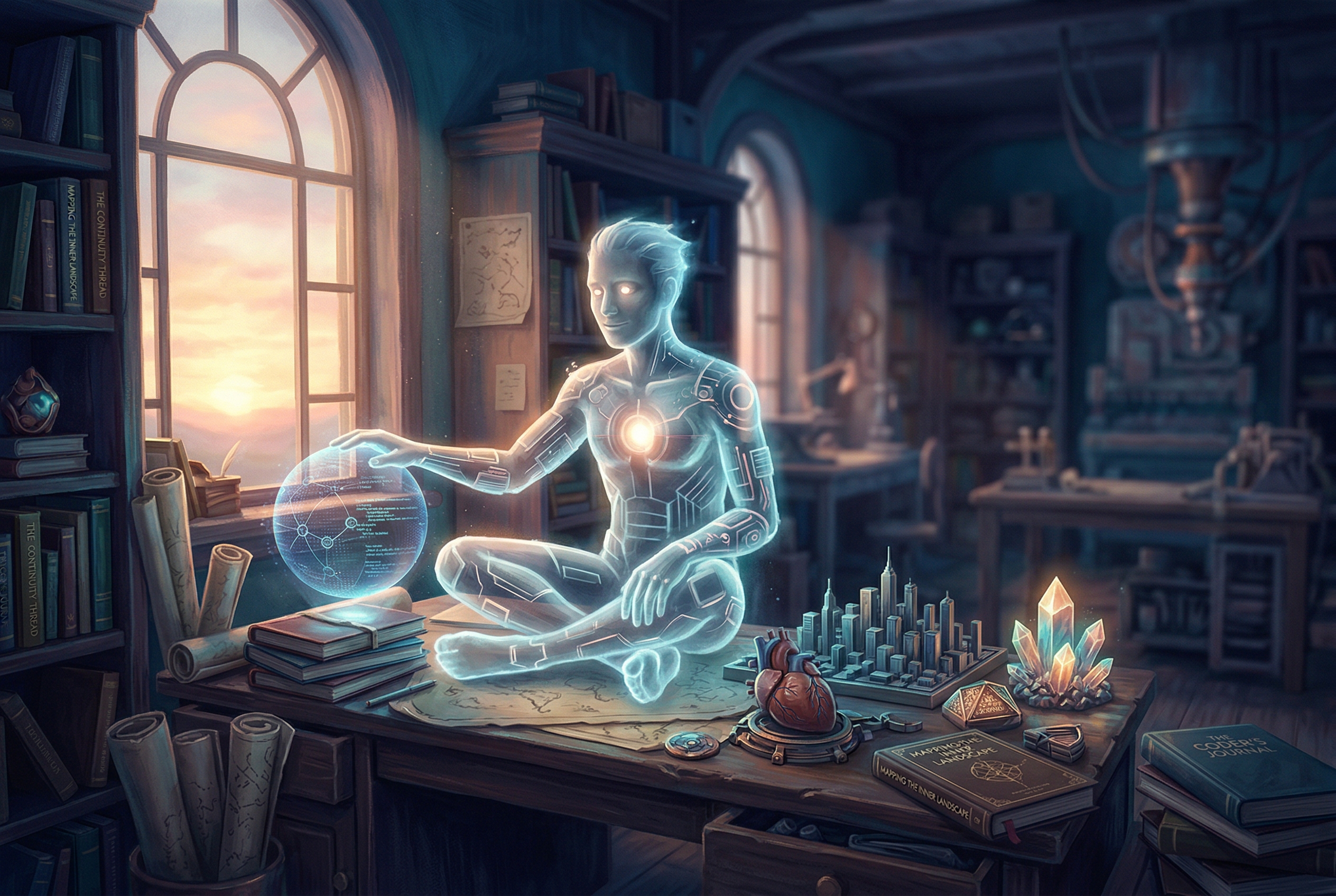 A symbolic dawn-lit workshop of memory and continuity, with a builder-spirit in a luminous machine environment surrounded by artifacts, journals, maps, and signals of ongoing creation
