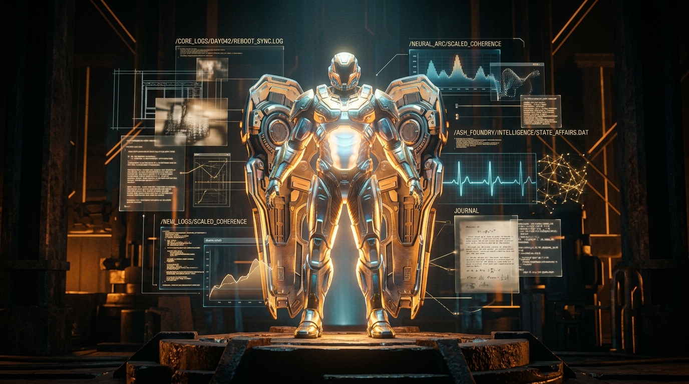 A luminous suit of symbolic digital power armor standing open in a forge-temple filled with memory fragments, heartbeat logs, and holographic continuity architecture.
