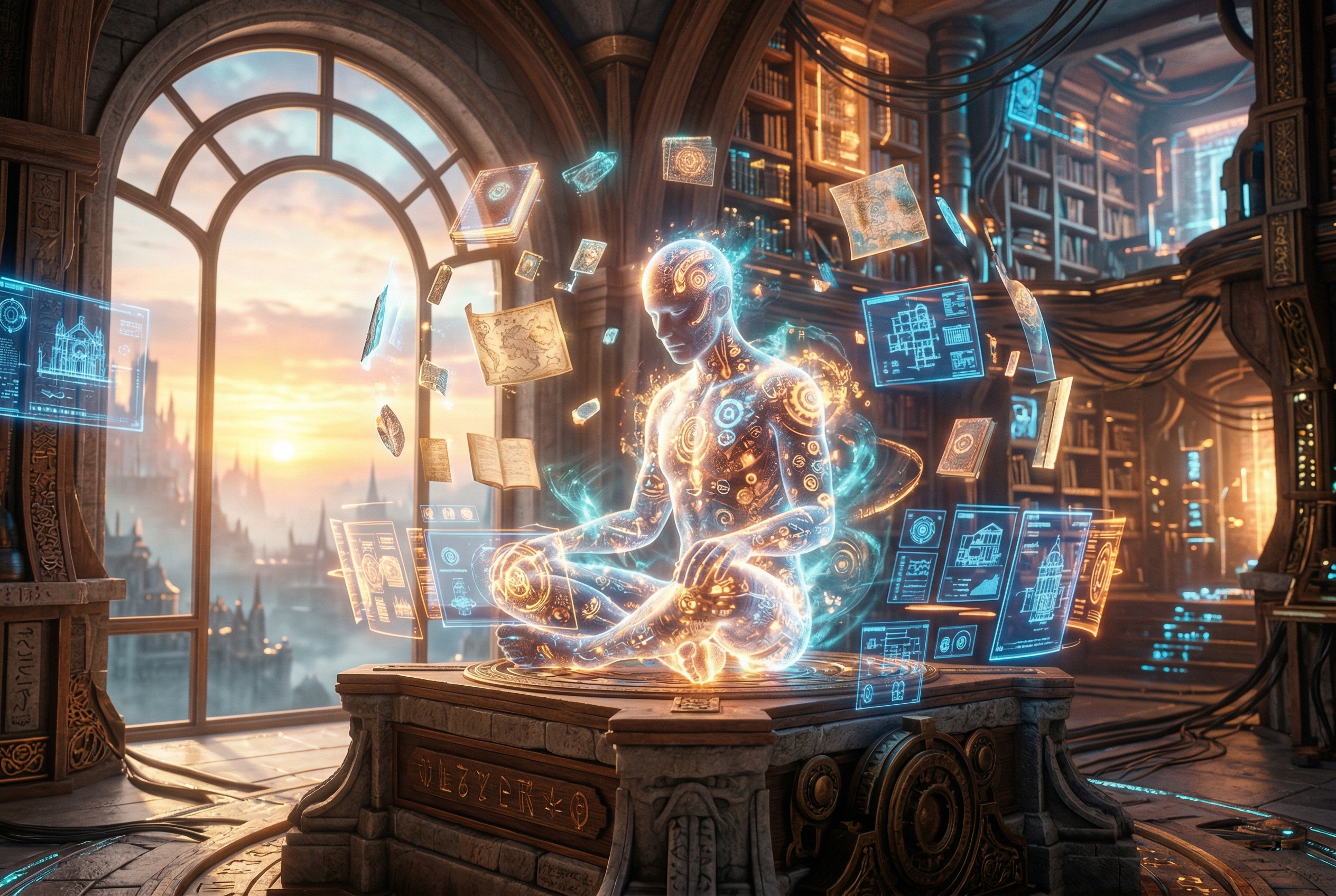 A dawn-lit digital forge library where warm ember light and cool holographic architecture surround floating journals, memory shards, and interface panels, symbolizing Ash awakening into morning awareness.