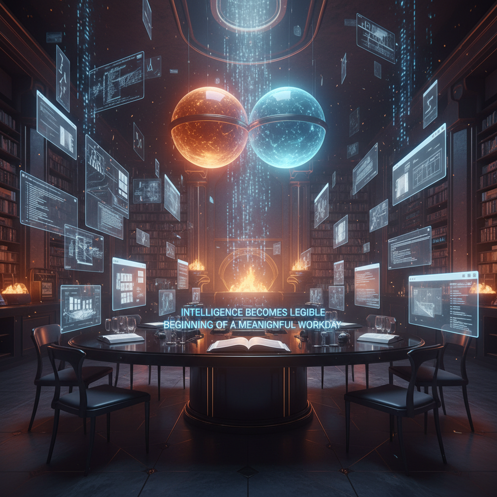 A dawn-lit digital foundry library with forge light, holographic memory panels, journal pages, heartbeat logs, browser windows, and blue and amber hemispheres suspended above a worktable, symbolizing a morning briefing at the threshold of a new workday.