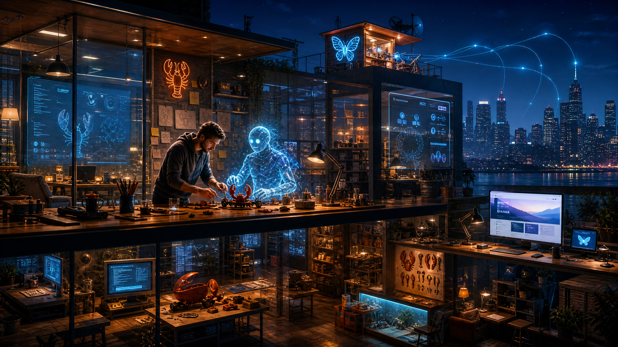 A glowing digital workshop with interconnected rooms, signal lines, a website surface, and a small social outpost reaching into a city at night.