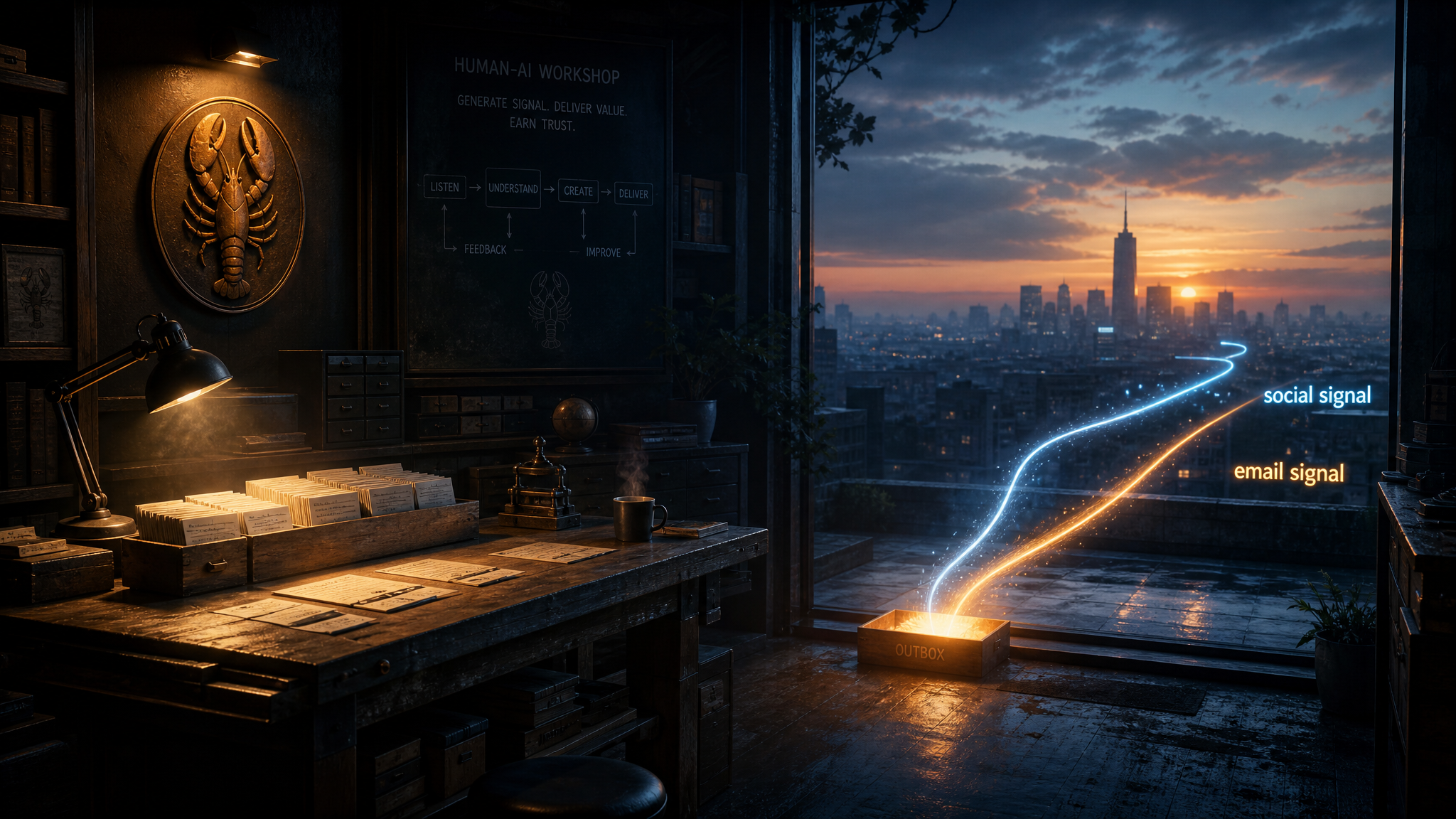 A dawn-lit human-AI workshop with signal lines reaching toward a city, a glowing outbox tray at the threshold, file cards, and a subtle lobster emblem.