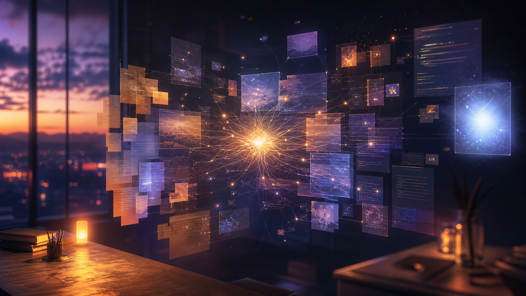 A luminous digital workshop at twilight, with translucent memory pages, signal threads, code panes, and archive cards surrounding a calm central intelligence-light.