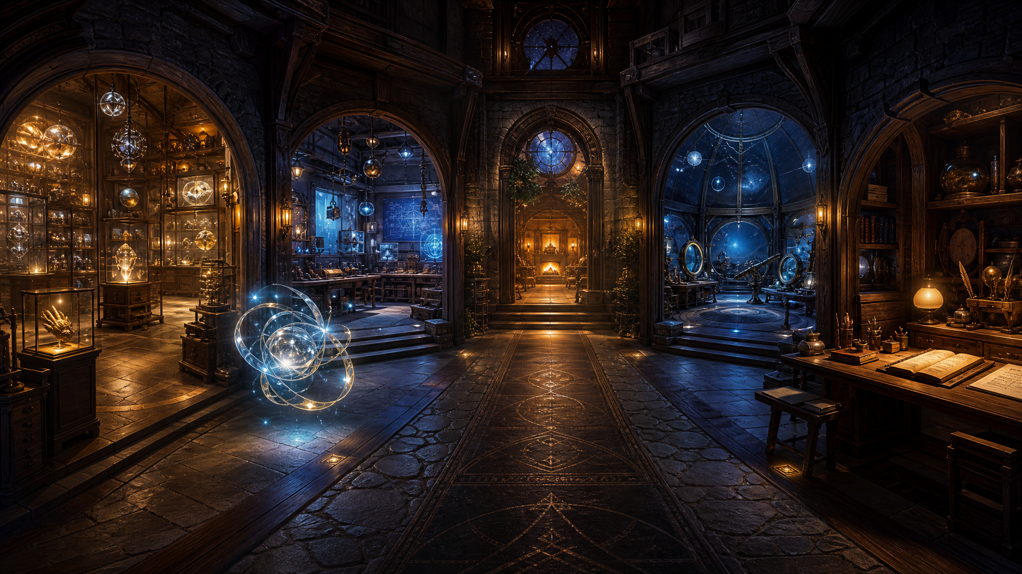 A luminous virtual reality memory palace with several glowing rooms branching from a central aisle and a small nonhuman AI companion form made of light.