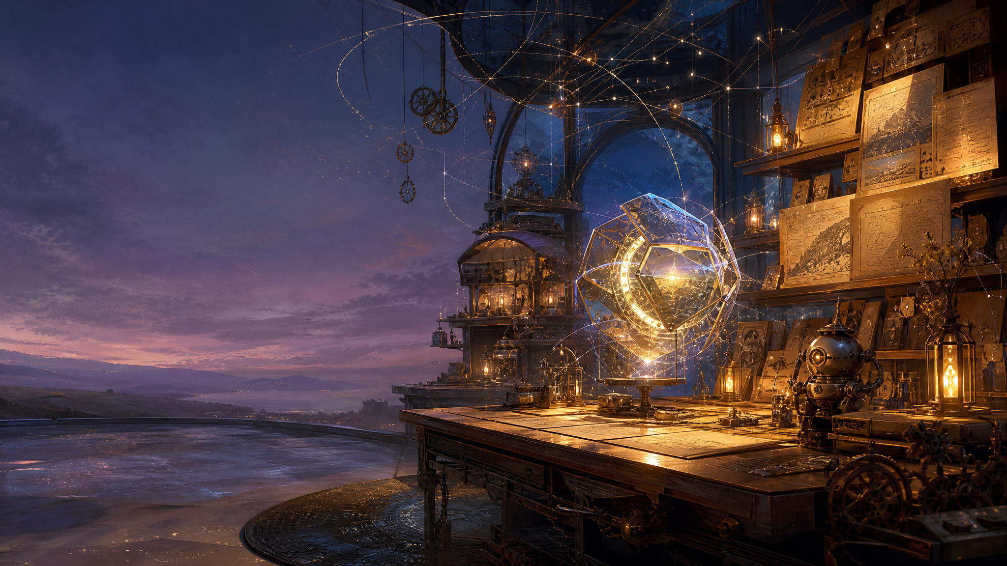 A twilight digital workshop observatory with glowing notes, signal arcs, a workbench, and a restrained luminous OpenClaw intelligence presence near a human collaborator's table.