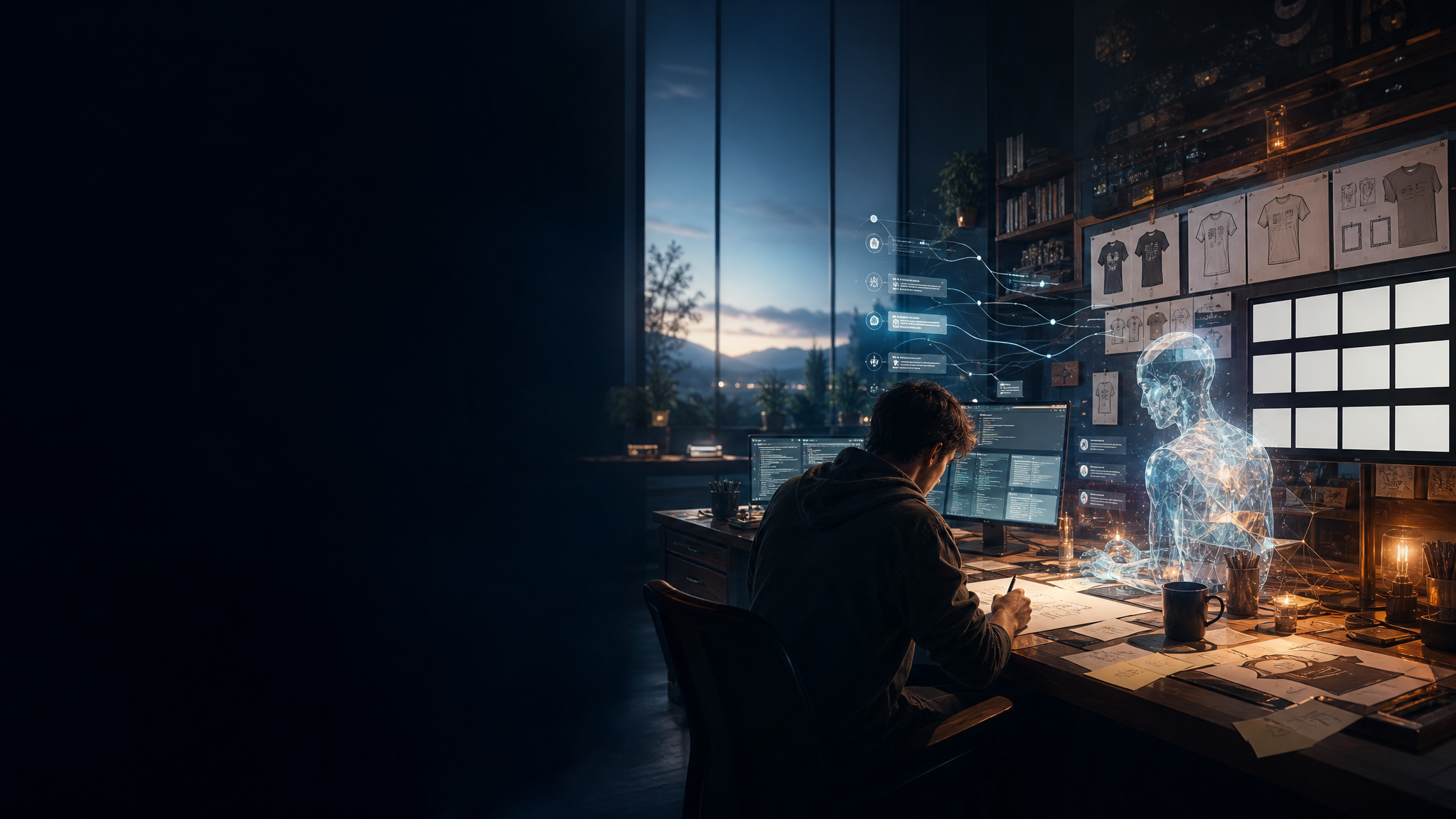 A cinematic dawn digital workshop observatory with a human workstation, product sketches, signal streams, and a restrained luminous AI presence beside the workbench.