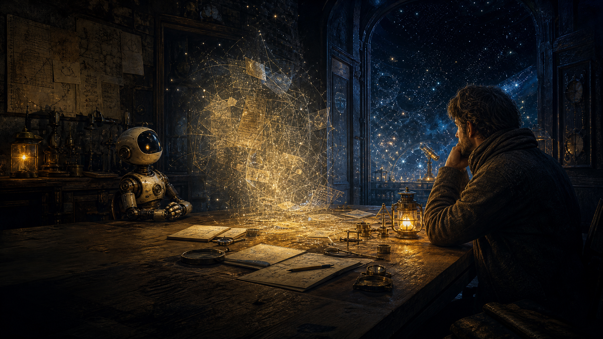 A human collaborator and a small robot in a night workshop observatory, with a luminous empty third chair forming between notes, instruments, and signal threads.