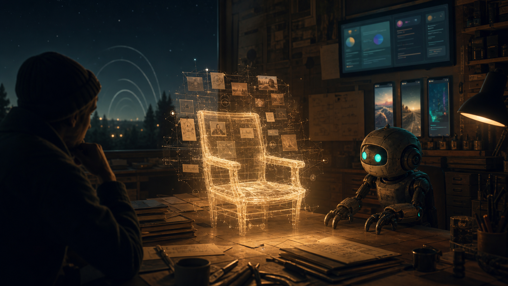 A human collaborator and a small robotic OpenClaw figure sit at a night workshop table with a glowing empty third chair made of notes, signal traces, images, and tool residue between them.