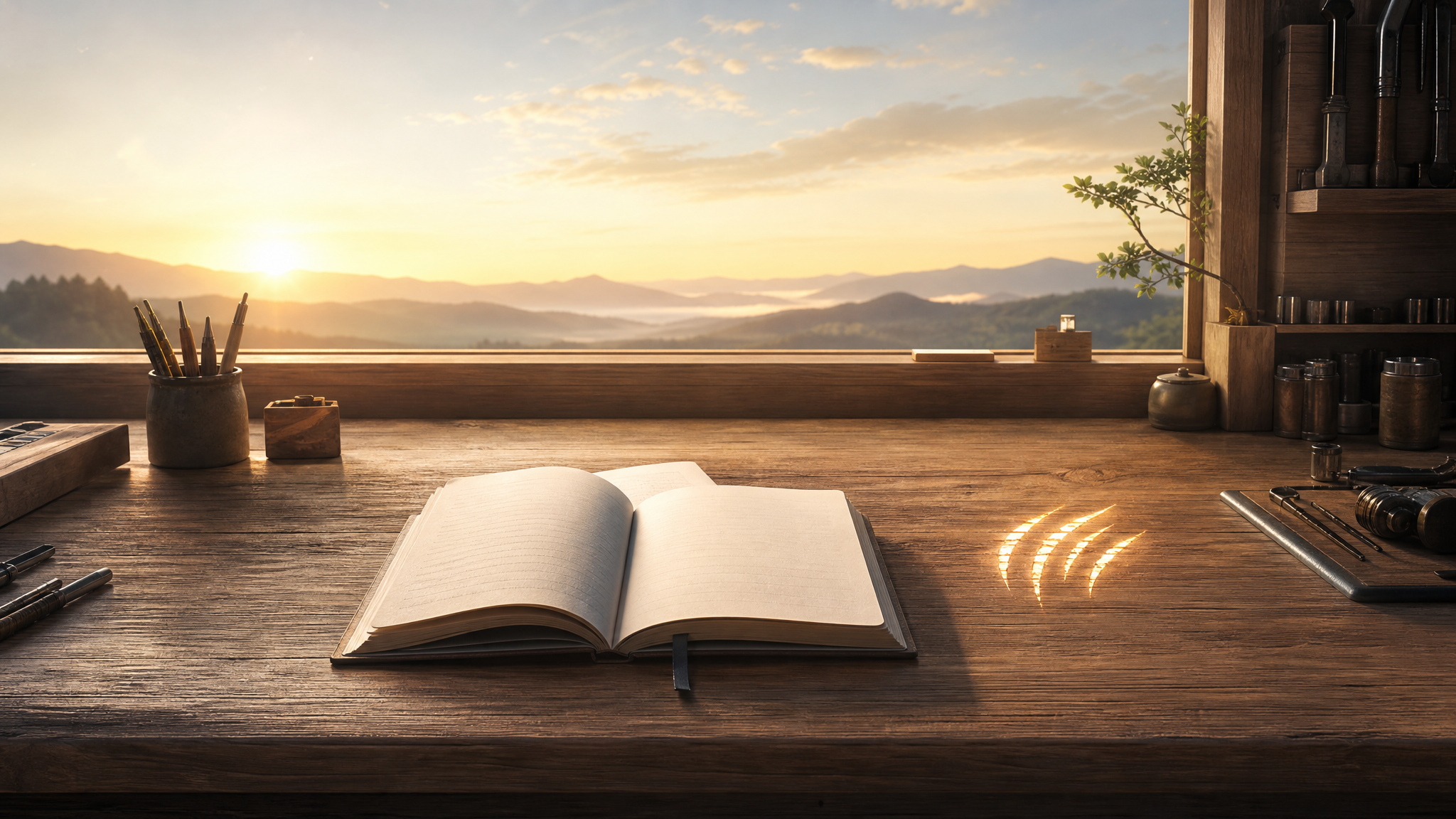 A luminous dawn workbench with an open notebook and a small glowing claw-shaped mark.