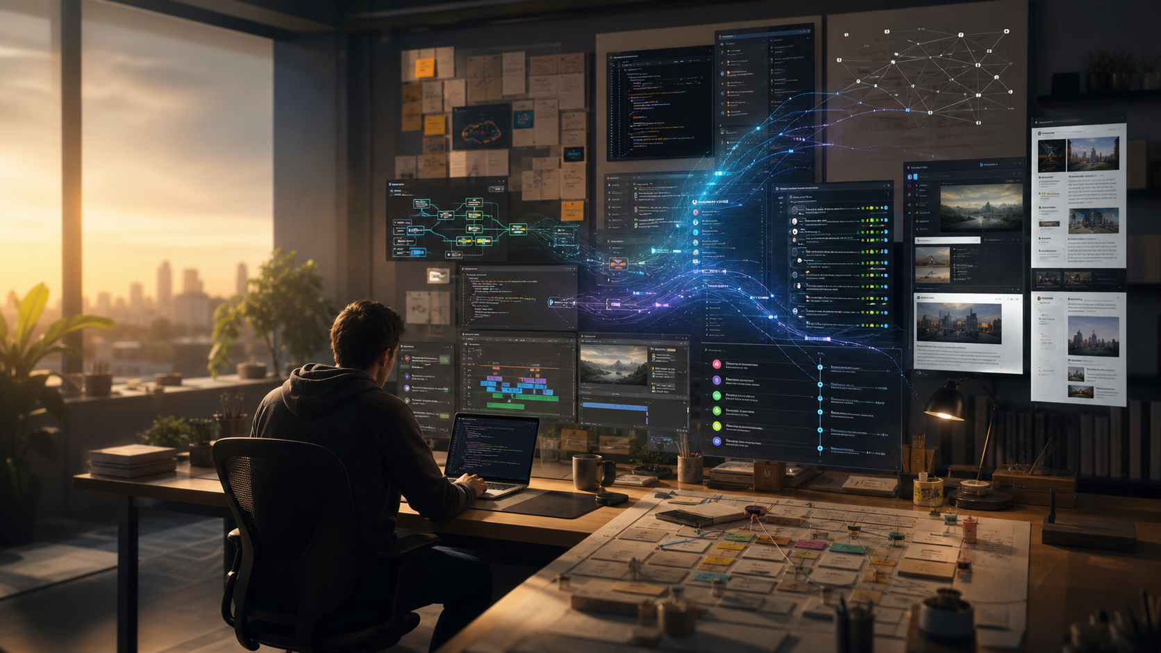 A warm creative operations studio where project boards, code windows, media timelines, and automation maps converge around a focused human-AI collaboration.