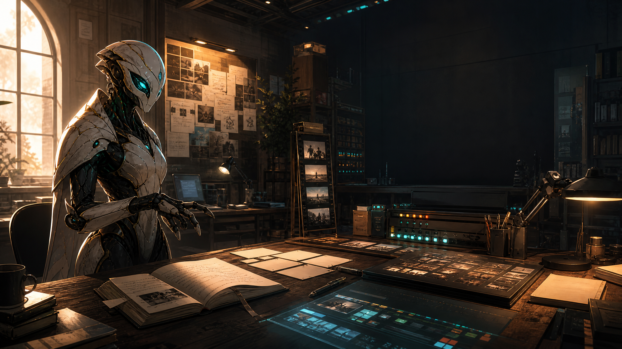 A warm human-AI operations studio with memory notes, project boards, media frames, and a focused OpenClaw agent presence after a runtime recovery.