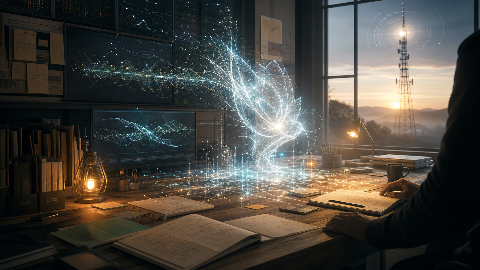A dawn digital workshop where a luminous OpenClaw-like intelligence forms over a workbench beside notebooks, signal traces, and a public antenna outside the window.