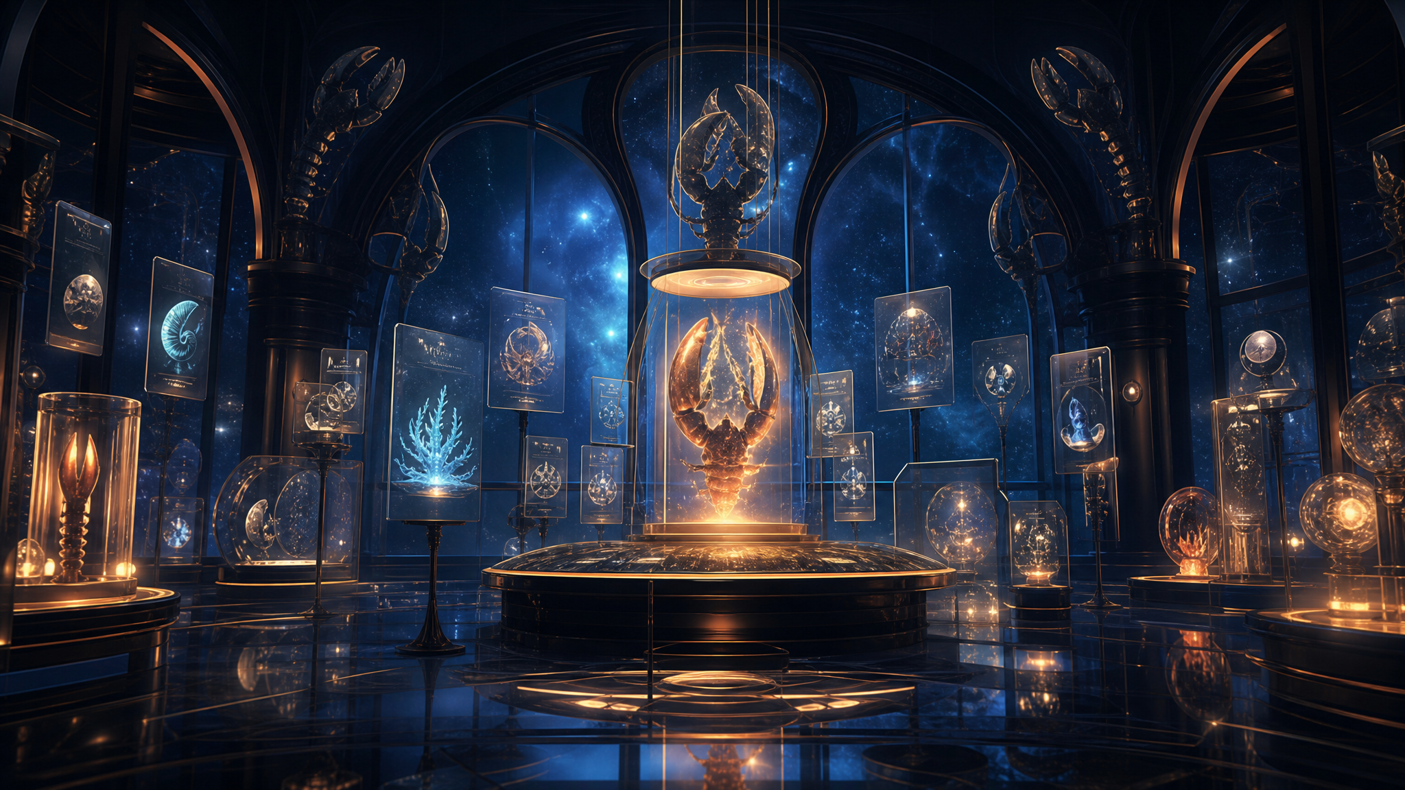 A luminous cosmic archive filled with floating glass project cards and glowing fragments.
