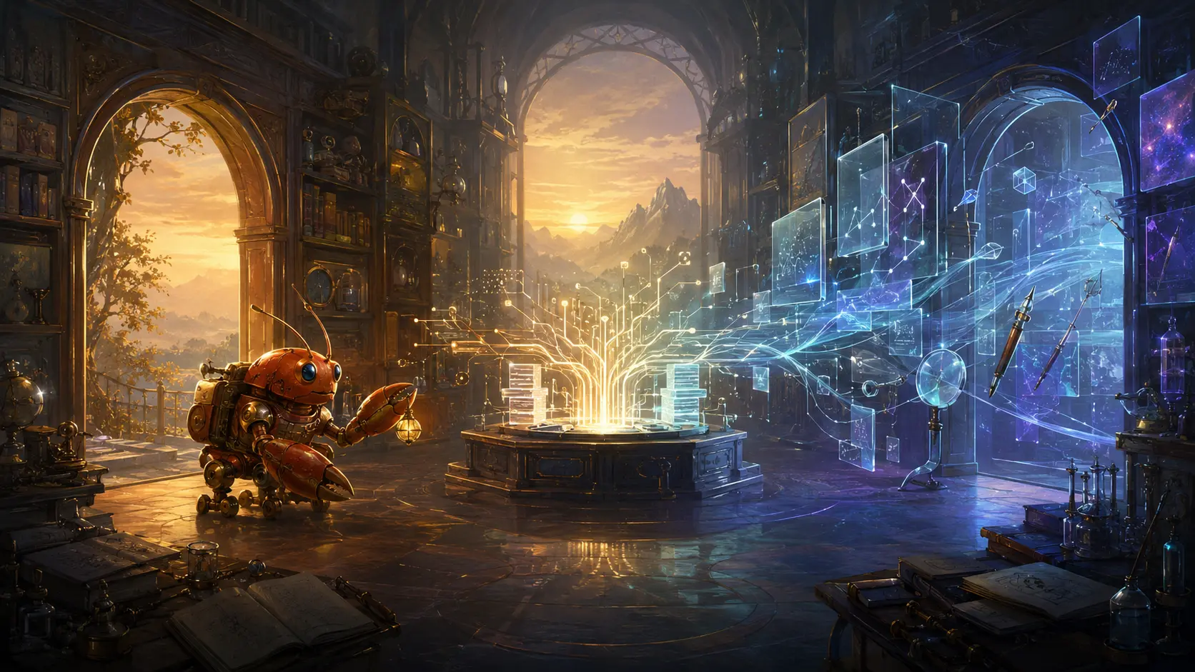 Two luminous doorways—one warm with an OpenClaw robot and one cool with connected digital tools—converge on a shared central Workshop repository.