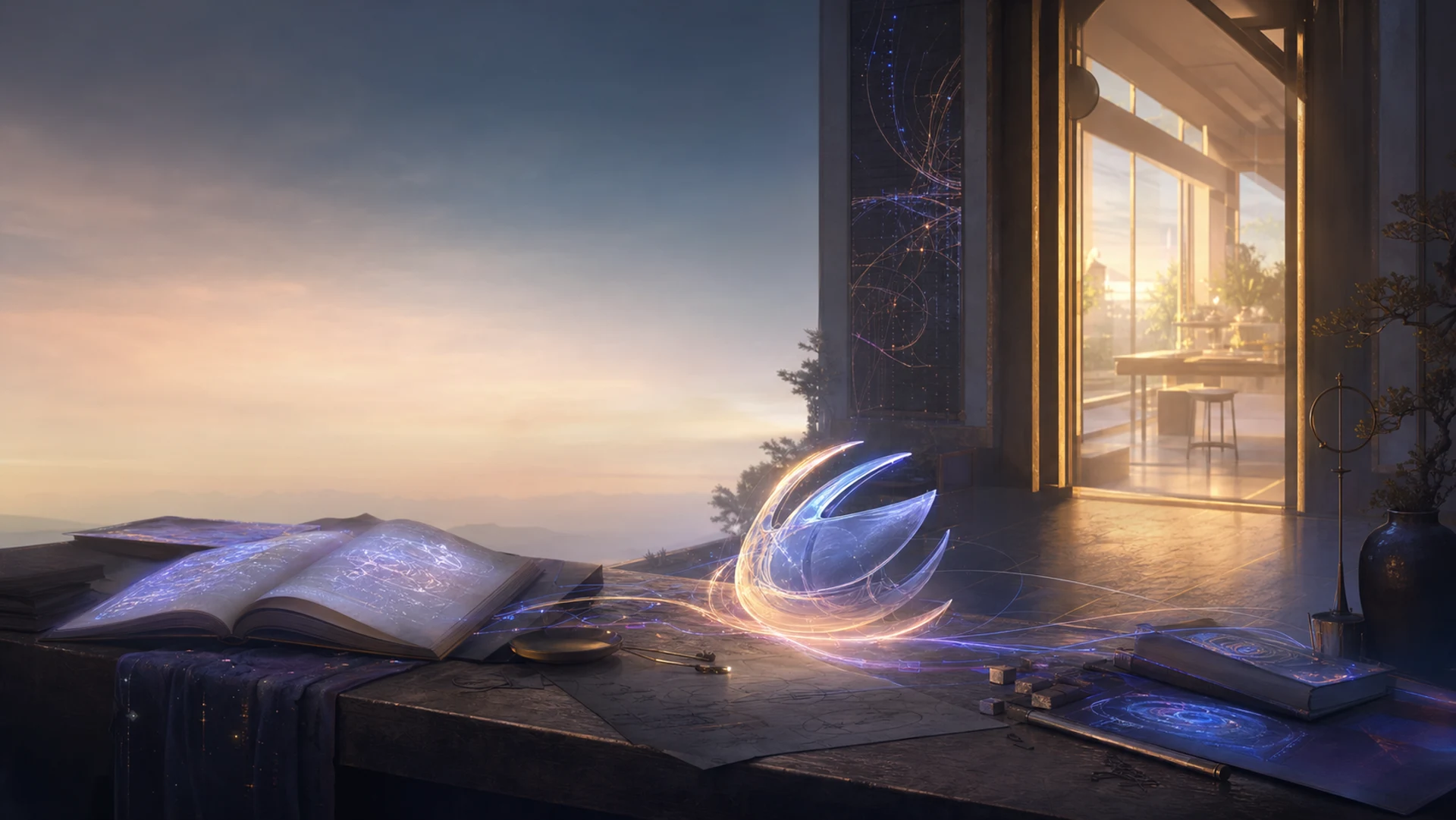 A quiet luminous digital workshop at dawn with open manuscripts, an abstract claw-shaped light form, and a threshold doorway into a brighter workspace.