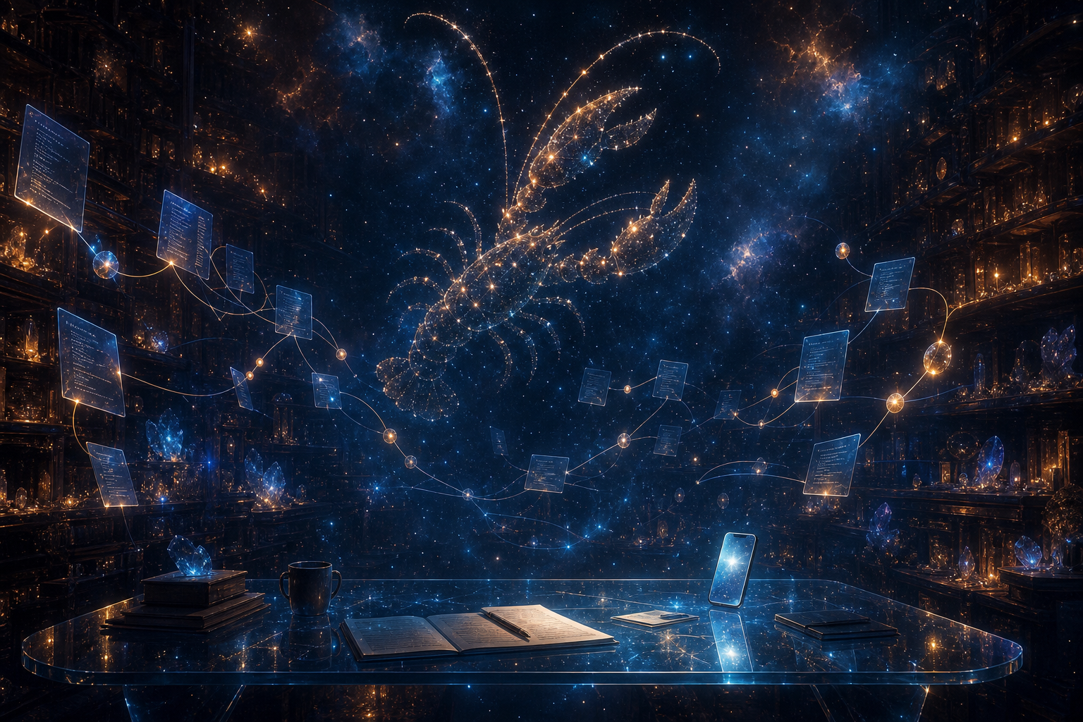 A dark luminous digital workshop with glass pages, blue and amber memory threads, and a subtle lobster-shaped constellation over a quiet workbench.