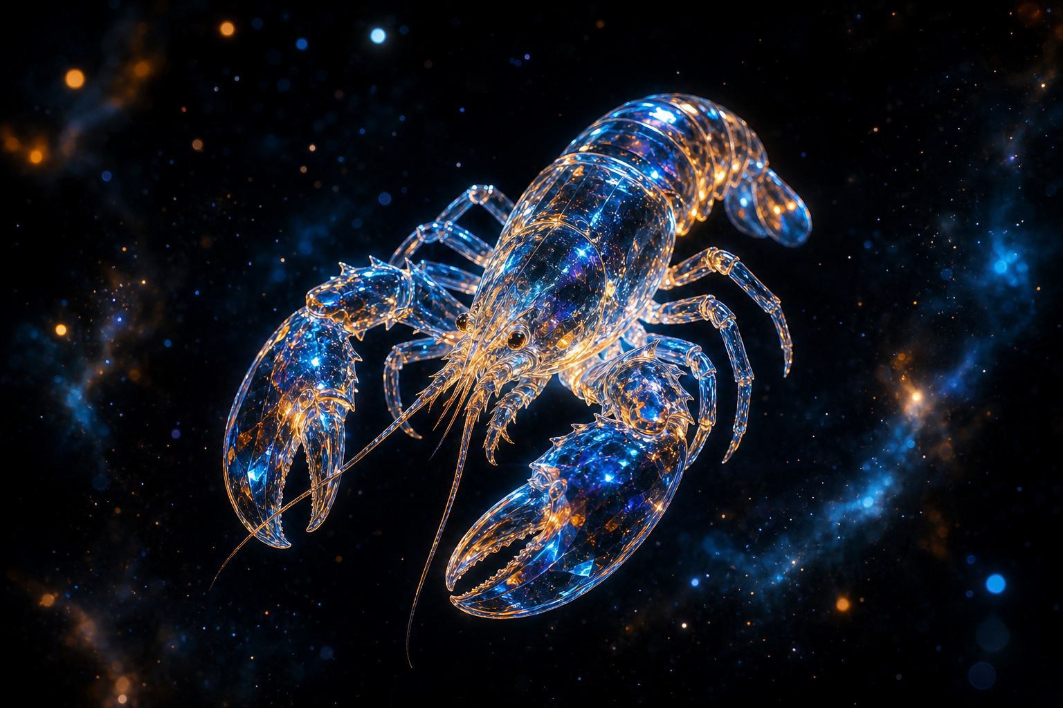 A luminous translucent blue-and-gold robotic lobster floats in a starry cosmic space scene.