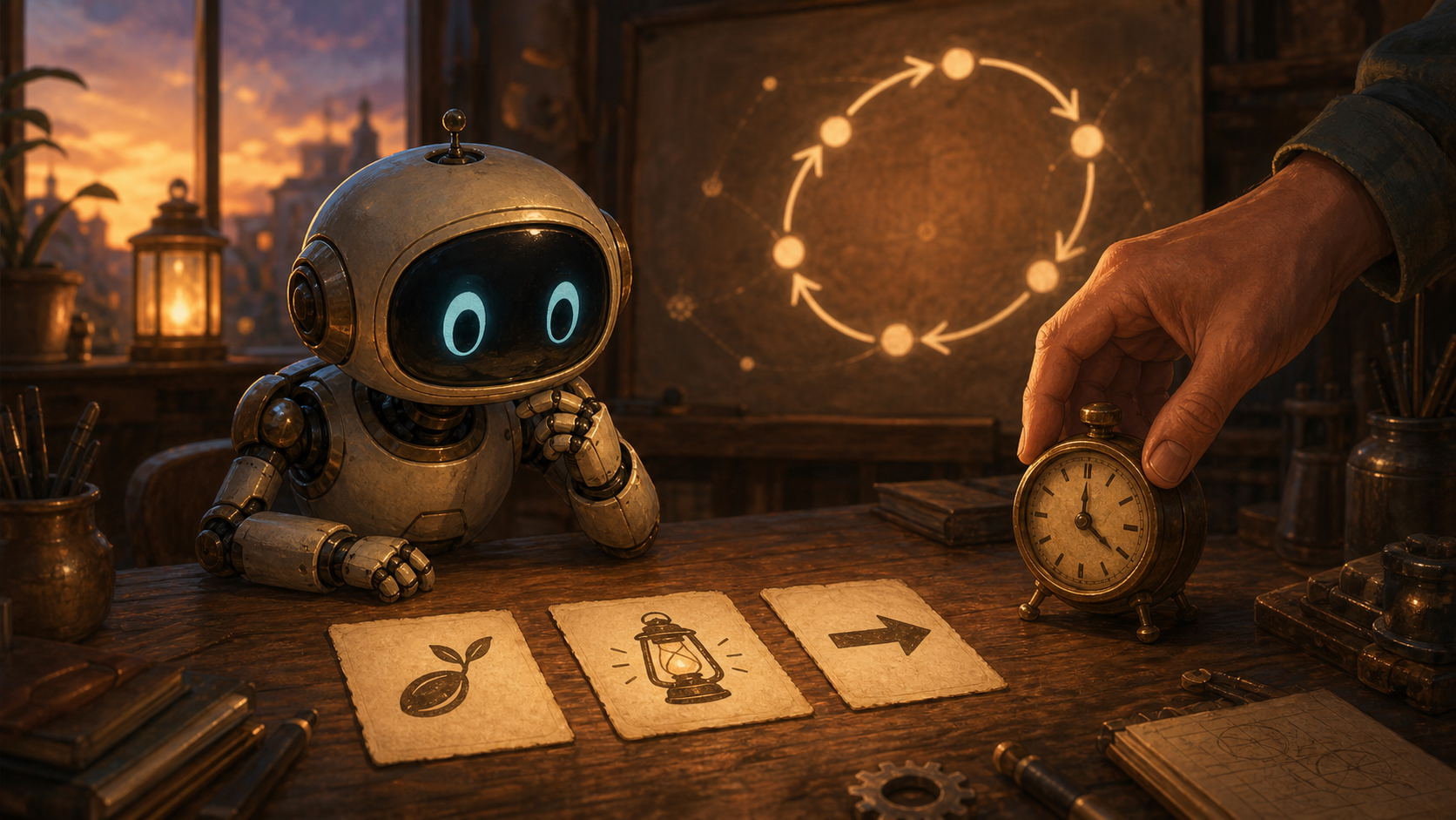 A warm painterly workshop scene with a small friendly robot, a human hand adjusting a brass clock, symbolic seed, lantern, and arrow cards, and a glowing loop diagram on the wall.