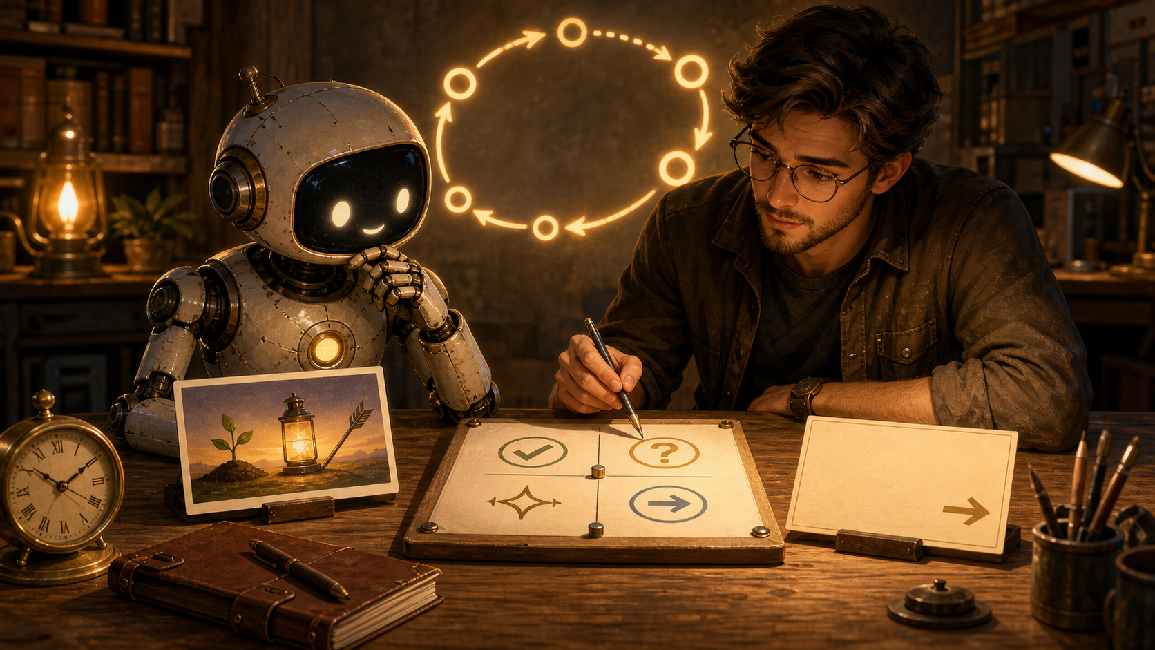 A warm painterly workshop scene with a friendly robot and human collaborator reviewing a previous output card, an icon-only evaluation board, and a blank next-run card.