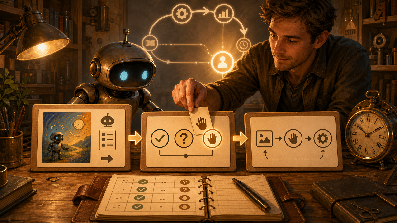 A warm painterly workshop scene with a friendly robot and human collaborator inserting a correction card into an icon-only evaluation loop before the next-run card.