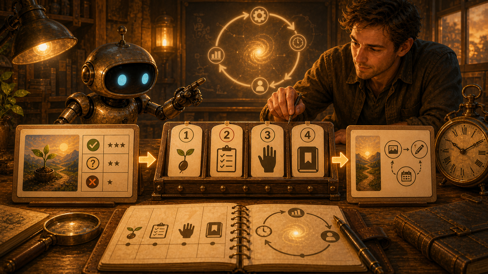 A warm painterly workshop scene with a friendly robot and human collaborator placing numbered lesson cards into an archive rail between evaluation and the next-action card.