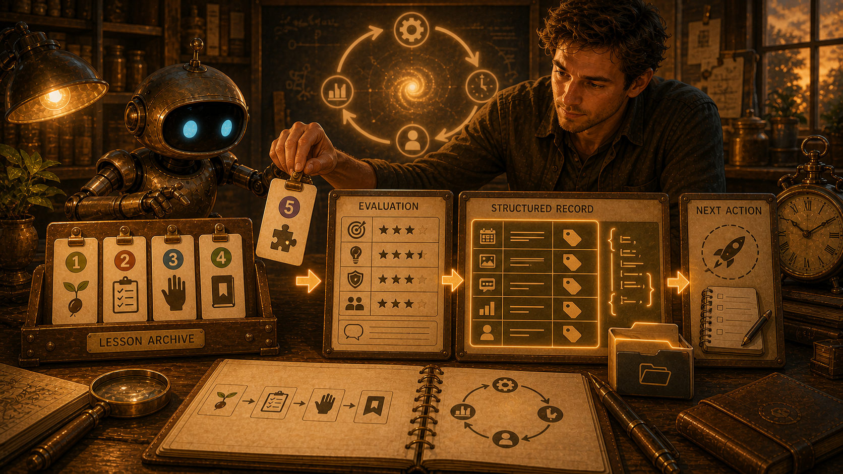 A warm painterly workshop scene with a friendly robot and human collaborator turning lesson cards into a structured record beside evaluation and next-action boards.