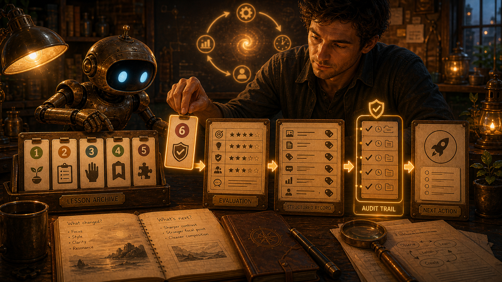 A warm painterly workshop scene with a friendly robot and human collaborator adding a slim audit-trail board between a structured record and next-action card.