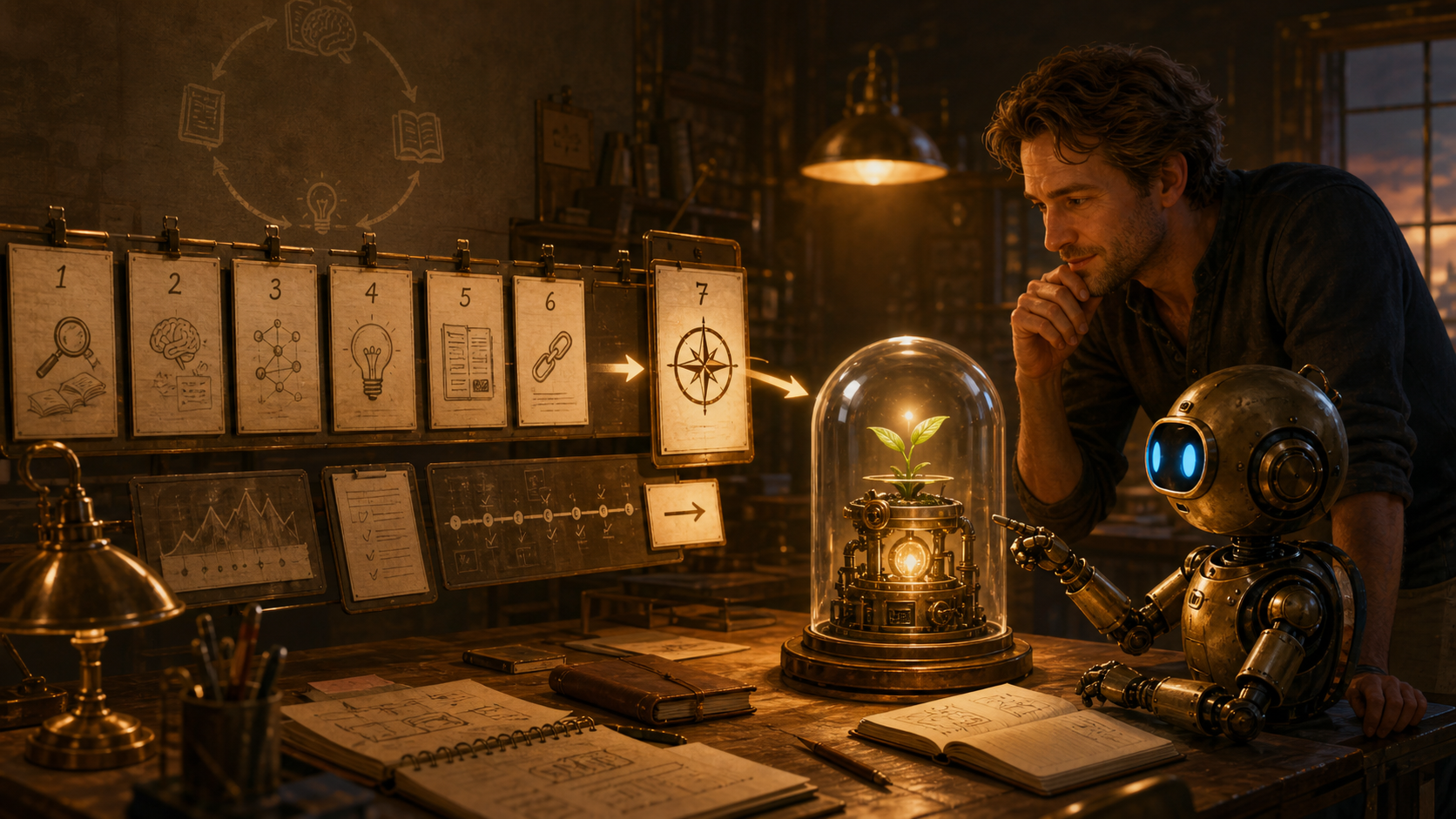 A warm cinematic workshop scene with process cards on one side and a provisional glowing seedling-machine under glass as the focal object.