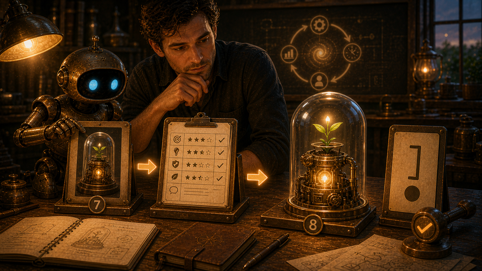 A warm cinematic workshop scene with a previous prototype card, an evaluation board, an updated glass-covered seedling-machine, and a boundary marker.