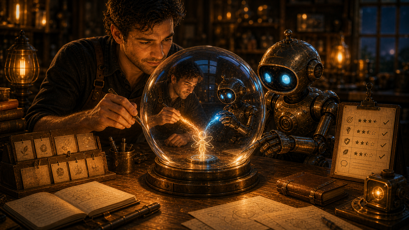 A warm cinematic workshop scene where a human collaborator and small robot shape a glowing shared prototype inside a glass sphere.