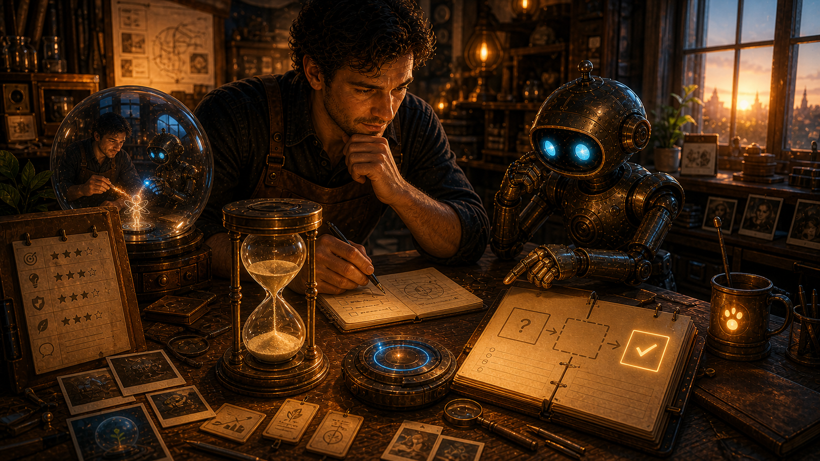 A warm cinematic workshop scene where a human collaborator and robot inspect a stopped hourglass, incomplete step, and recovery ledger while the prior shared sphere remains nearby.