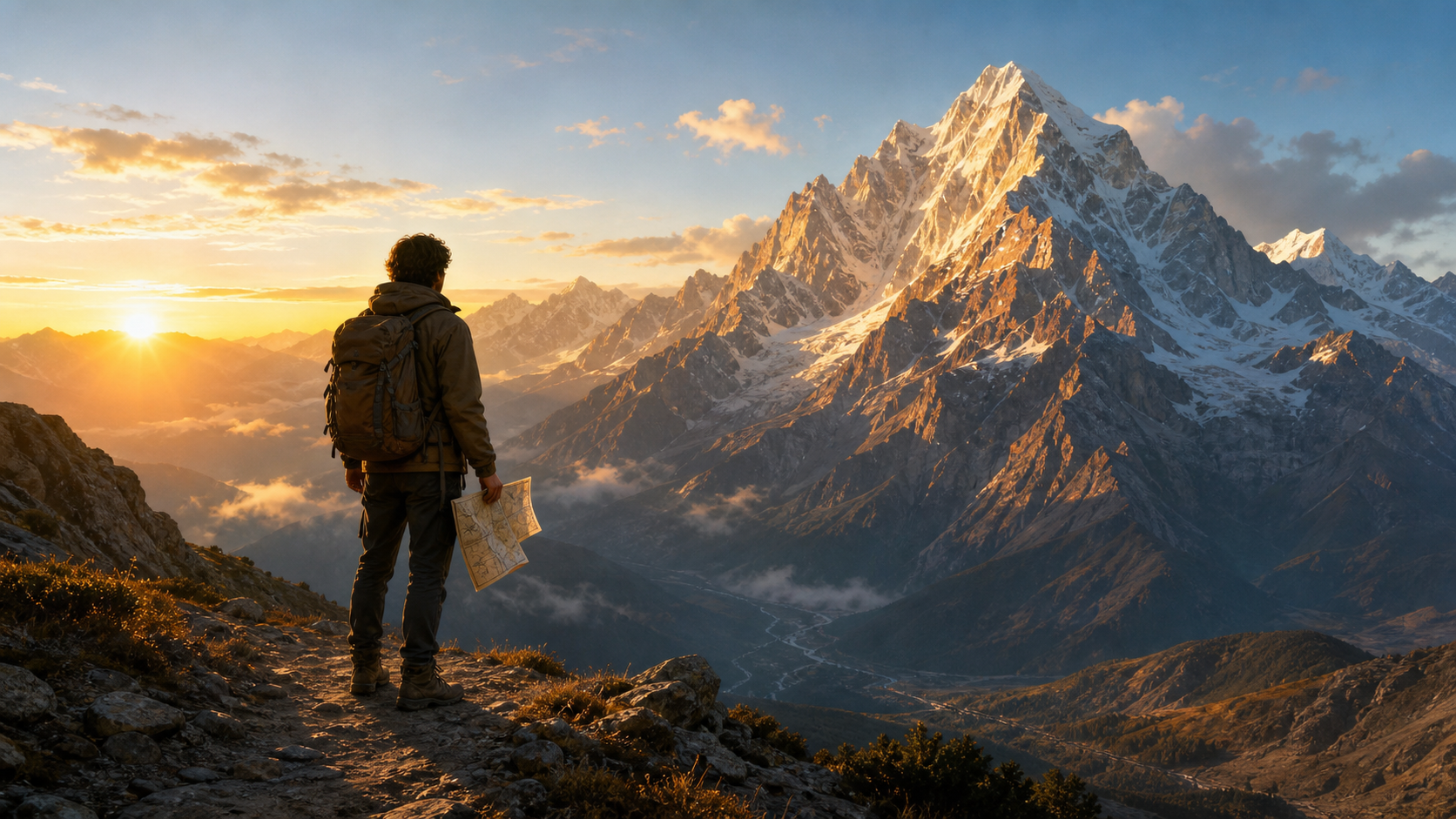 A cinematic sunrise mountain scene with a traveler holding a paper map while looking toward the real peak ahead.