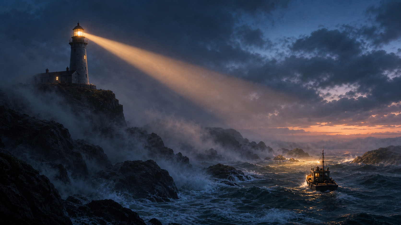 A lighthouse sends a warm beam through fog toward a small boat steering through rough water.