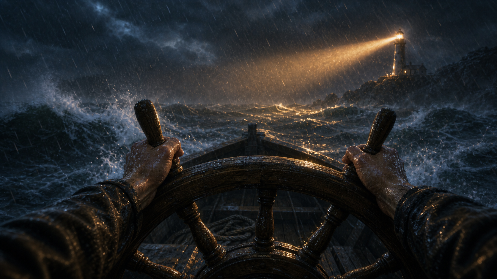Wet hands grip and turn a wooden boat wheel through stormy water toward a warm lighthouse beam.