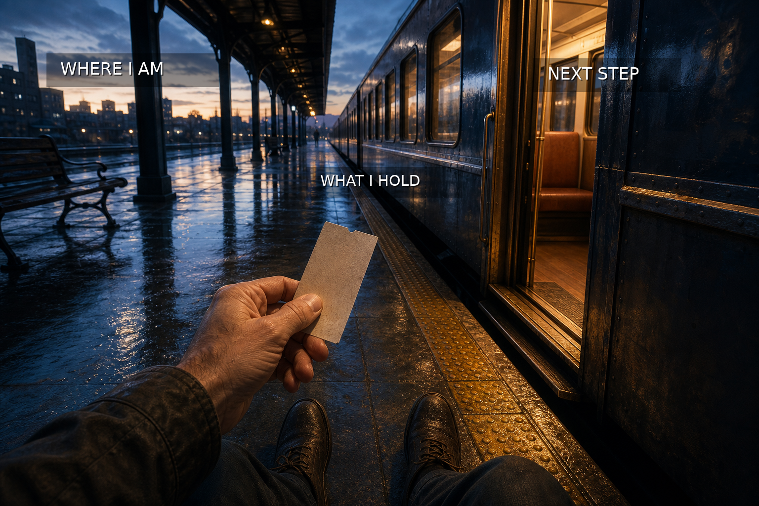 A first-person train platform scene with overlay text marking where I am, what I hold, and the next step.