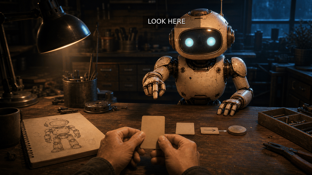 Animated sequence where the phrases look here, choose one change, and make it real appear one after another over the OpenClaw workbench scene.