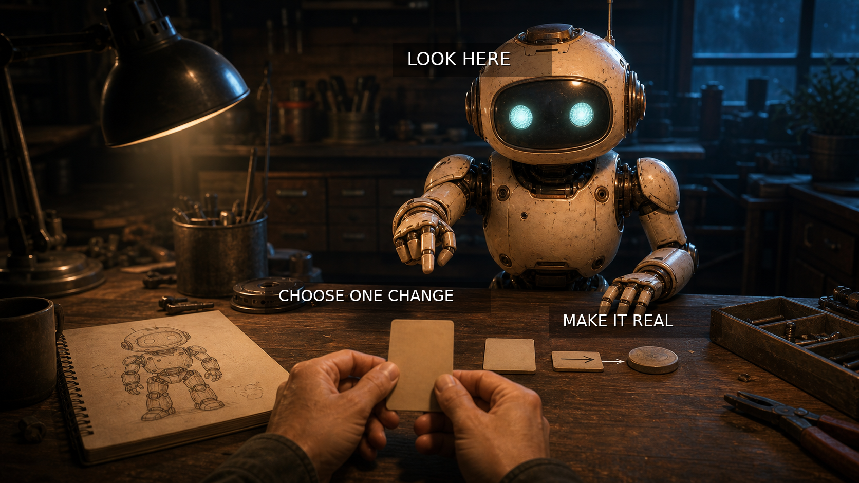 OpenClaw faces the viewer across a workbench with overlay text: look here, choose one change, make it real.