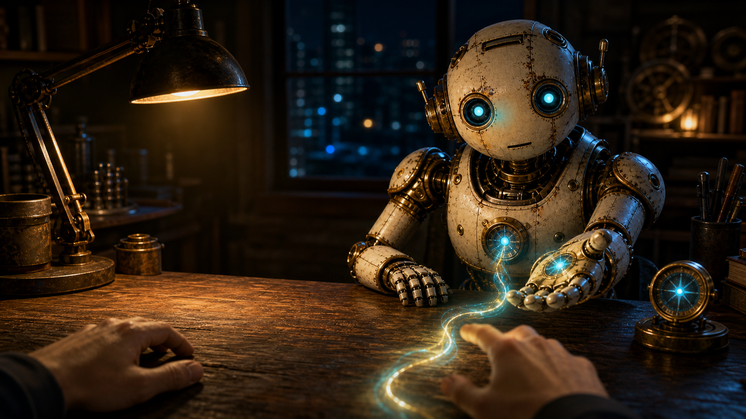 OpenClaw offers a cyan-gold signal across a workshop desk while the viewer's hand begins to answer it.