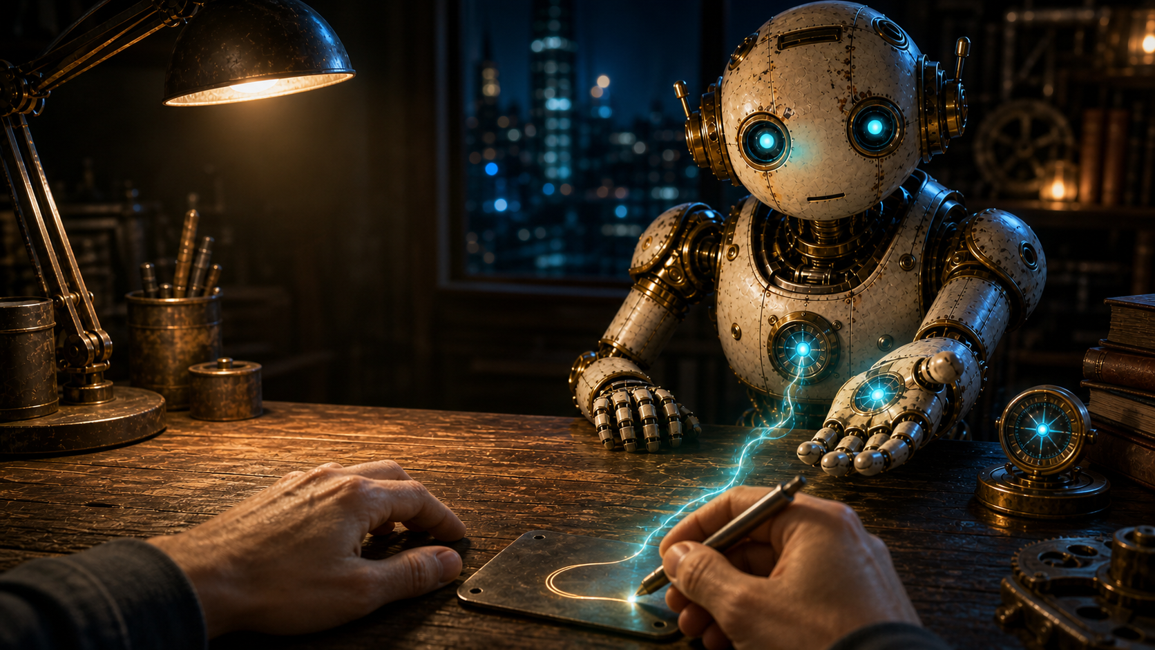 OpenClaw watches as a human hand uses a cyan-gold signal to inscribe a glowing line into a small metal plate on a workshop desk.
