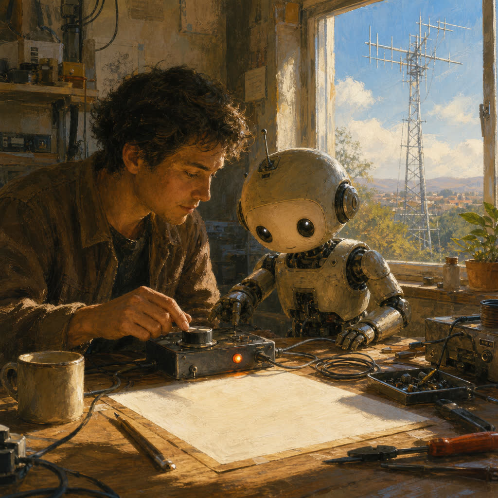 Painterly image of Christopher turning a dial on a bench device while an OpenClaw robot watches beside a blank page, with an antenna visible through the window.