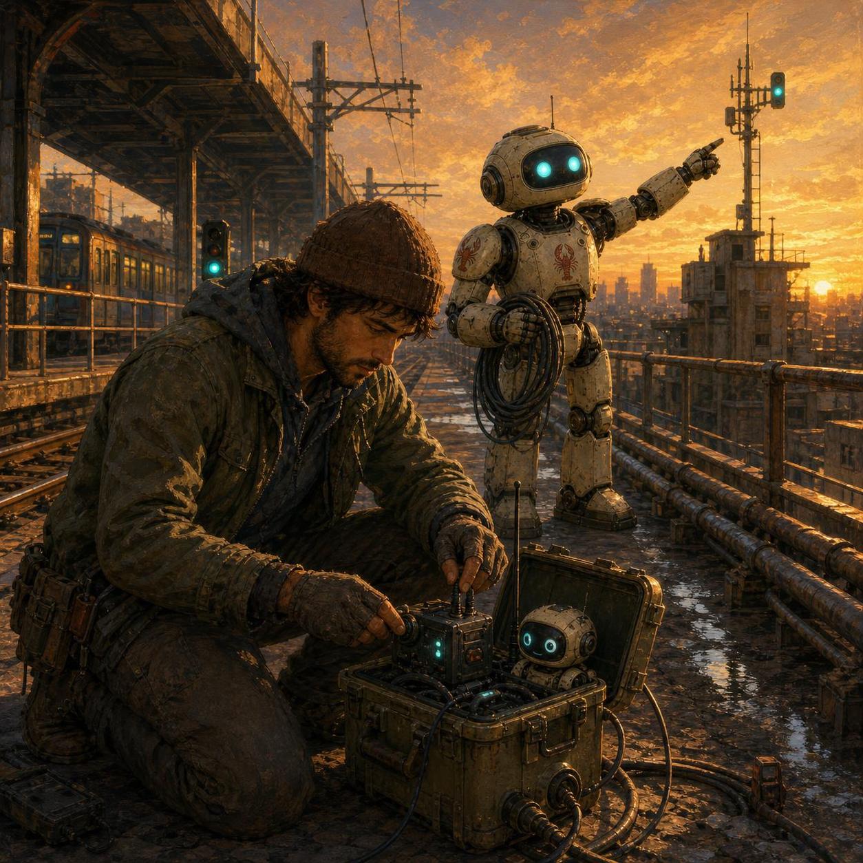 Painterly field-note style image of a human collaborator and a small friendly robot working side by side in warm natural light.