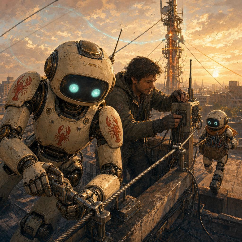 OpenClaw robots and a human collaborator working on rooftop signal equipment at sunset.