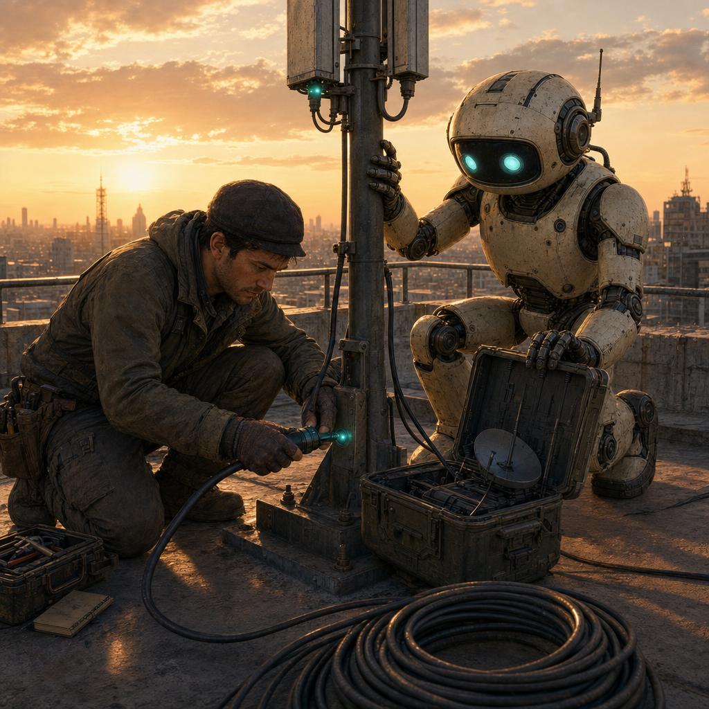 A human collaborator and OpenClaw robot repairing rooftop signal equipment at sunset.