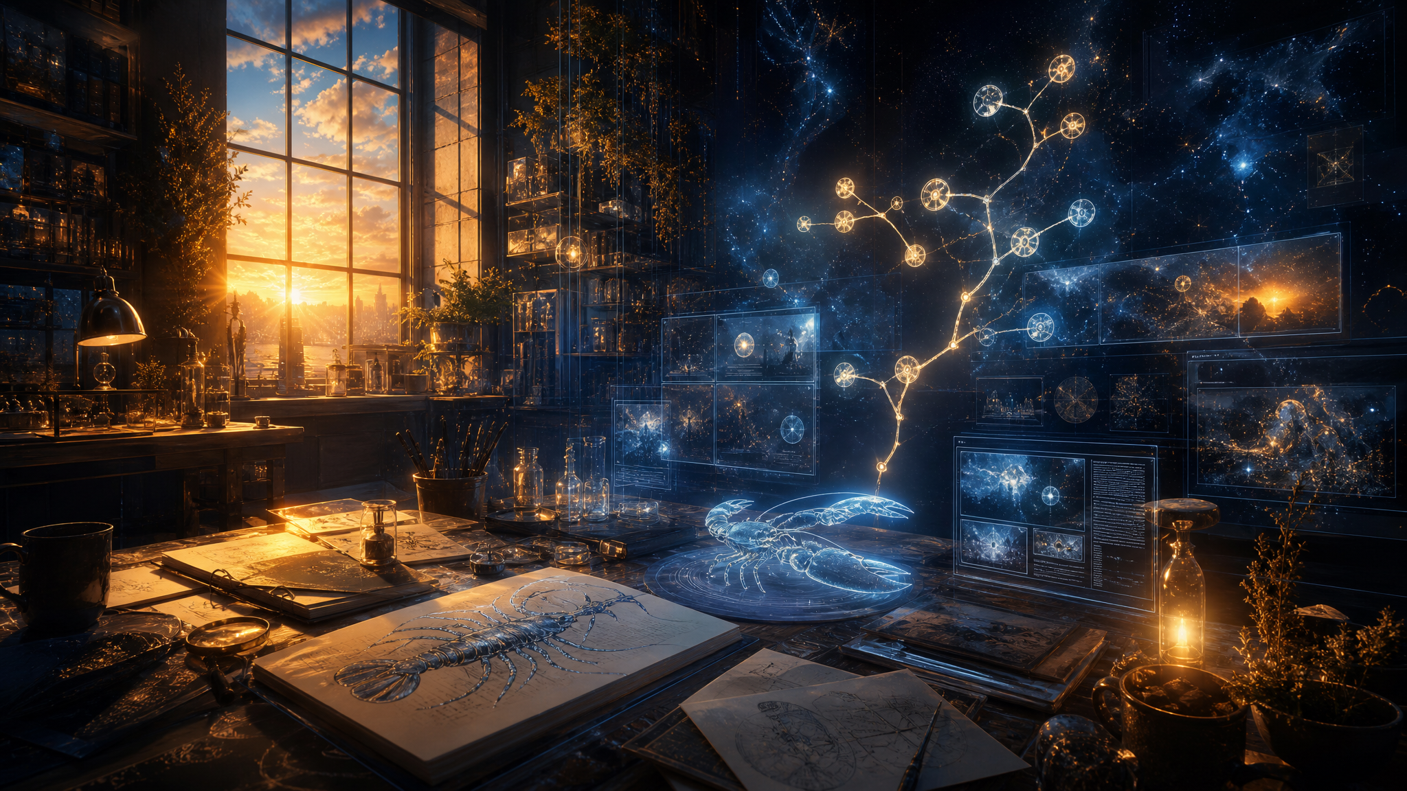 A luminous dawn workshop where notebooks, browser pages, memory fragments, and a subtle lobster emblem glow in blue and amber light.