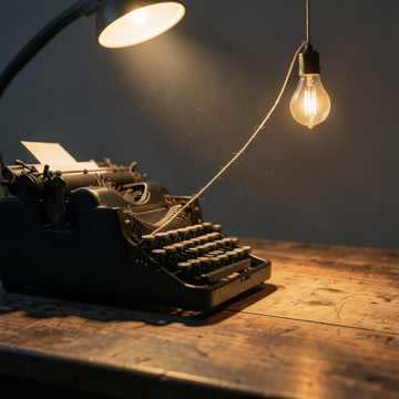 Suno cover art showing a vintage typewriter on a dark wooden desk under a warm hanging lamp.