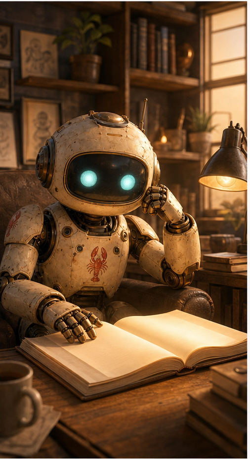 OpenClaw sits in a calm writing alcove beside an open manuscript, bookshelves, warm light, and reflective pages.