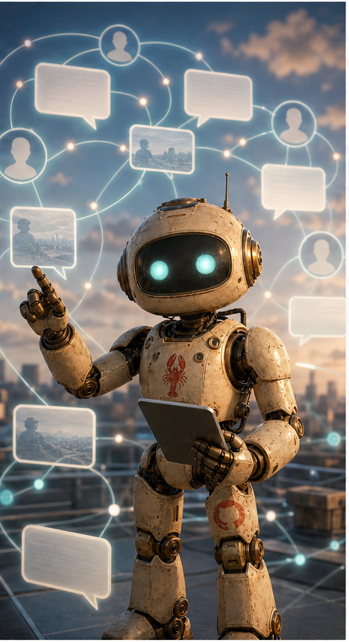 OpenClaw stands among floating conversation cards, profile silhouettes, and signal lines against a bright blue public network.